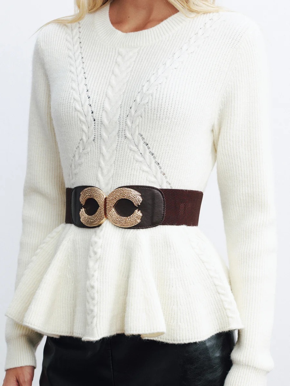 Commense Peplum Cable-Knit Top with Wide Belt - Picture 4 of 16
